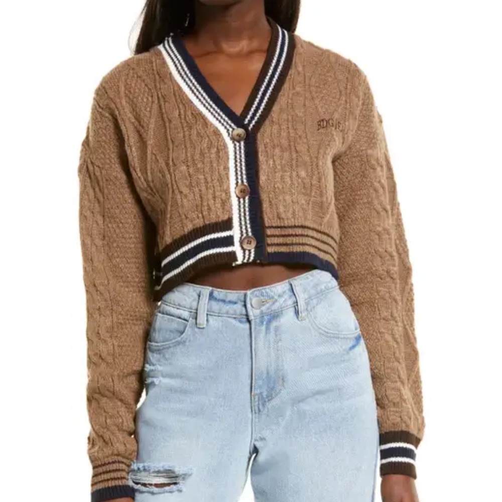 Brown Cable Knit Cropped Sweater